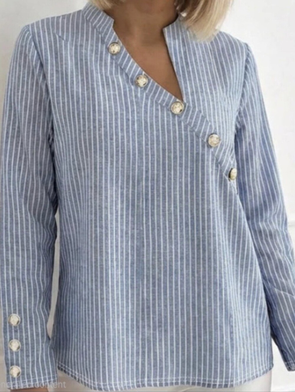 Women’s Blue Pinstripe Button-Down Shirt - Casual Tailored Style